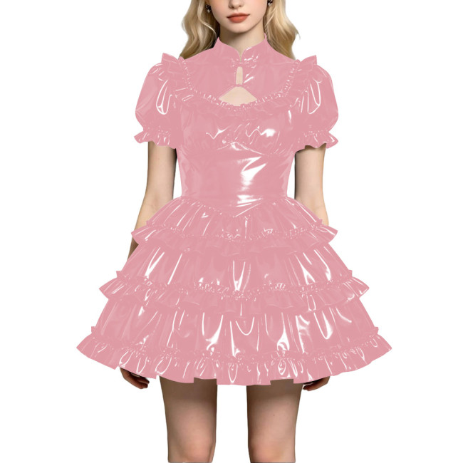 Shiny Gothic Lolita Cake Dress Chic Qipao Collar Puff Short Sleeve Ruffle Tiered Mini Dress Wetlook Sissy Halloween Fancy Dress