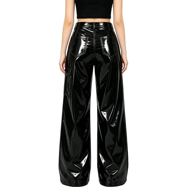 Plus Size Glossy Faux Leather Bell Bottom Cargo Pants for Women Bow Tie Decor High Waist Wet Look Flared Pant High Street Outfit