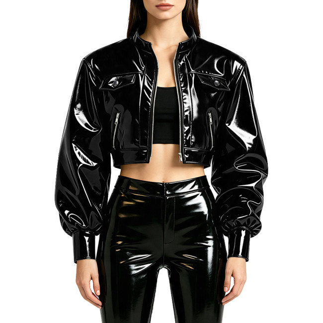 Punk Moto Glossy PVC Cropped Jacket Stand Collar Puff Long Sleeve Zip Up Pocket Short Coat Shiny Streetwear Outerwear for Womens