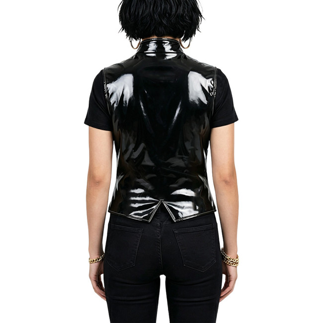 Plus Size Glossy Stand Collar Vest for Women Punk PVC Shiny Single Breasted Fit Waistcoat Fashion Sleeveless Tank Top Clubwear