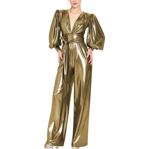 Women Metallic Liquid Deep V Jumpsuit Puff Long Sleeve Waist Tie Wide Leg Pants Nightclub Party Romper Elegant Evening Prom 7XL