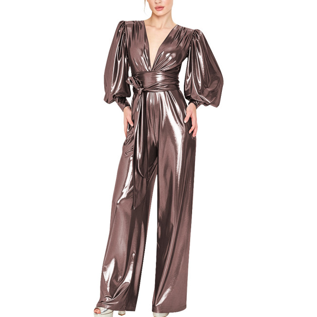 Women Metallic Liquid Deep V Jumpsuit Puff Long Sleeve Waist Tie Wide Leg Pants Nightclub Party Romper Elegant Evening Prom 7XL