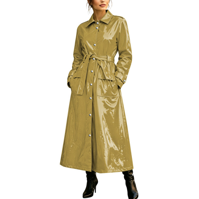 Women Fashion Solid Color PVC Shiny Long Trench Coat Lapel Collar Belted Single Breasted Wet Look Maxi Overcoat Punk Clubwear