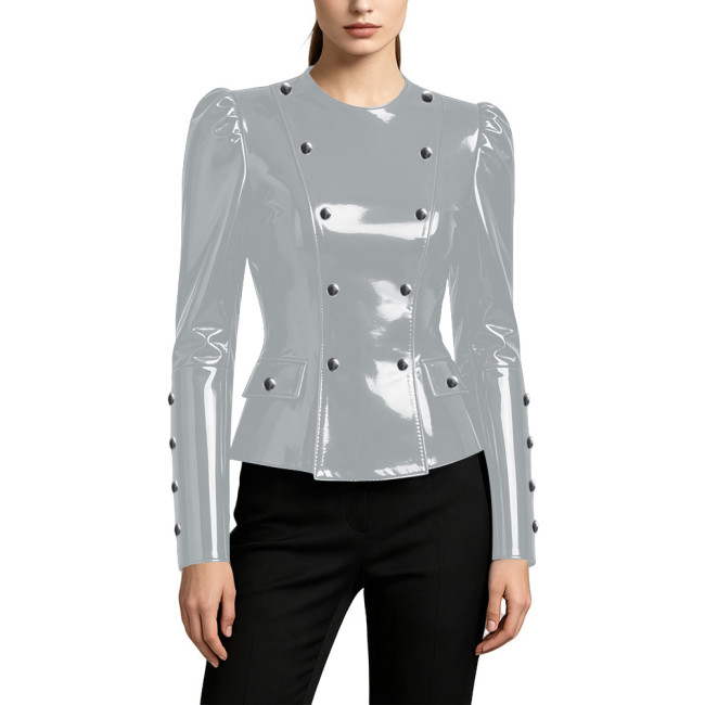 Shiny Vinyl PVC Peplum Jackets for Womens Long Sleeve Round Neck Button-up Slim Waist Wet Look Tops Night Club Fashion Outerwear