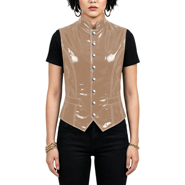 Plus Size Glossy Stand Collar Vest for Women Punk PVC Shiny Single Breasted Fit Waistcoat Fashion Sleeveless Tank Top Clubwear