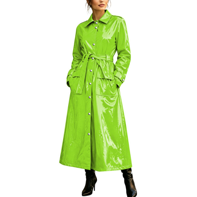 Women Fashion Solid Color PVC Shiny Long Trench Coat Lapel Collar Belted Single Breasted Wet Look Maxi Overcoat Punk Clubwear