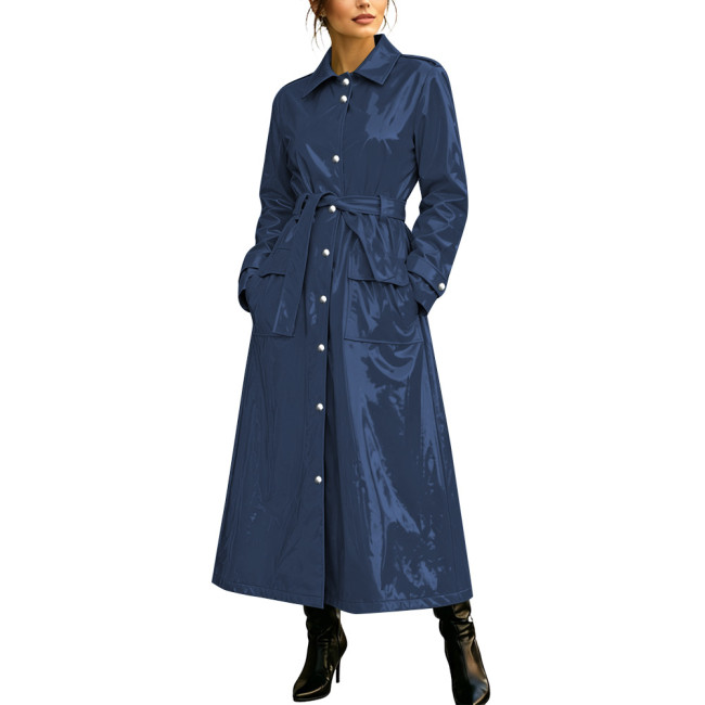 Women Fashion Solid Color PVC Shiny Long Trench Coat Lapel Collar Belted Single Breasted Wet Look Maxi Overcoat Punk Clubwear