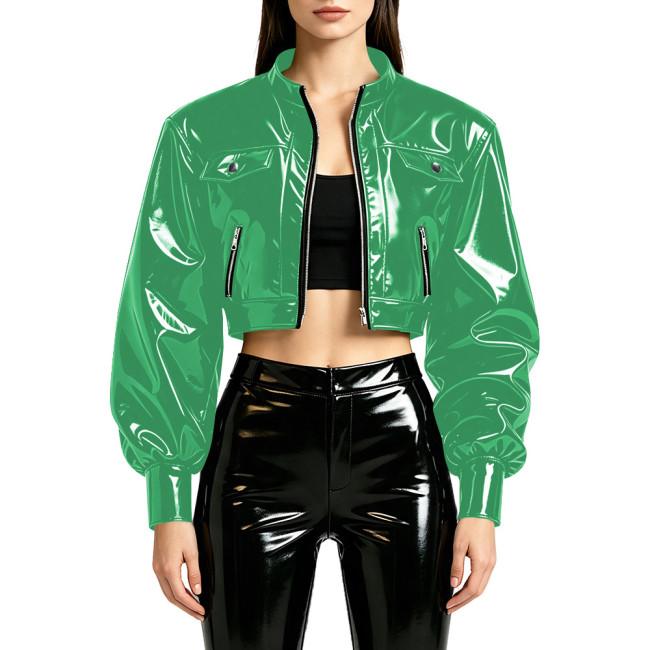 Punk Moto Glossy PVC Cropped Jacket Stand Collar Puff Long Sleeve Zip Up Pocket Short Coat Shiny Streetwear Outerwear for Womens