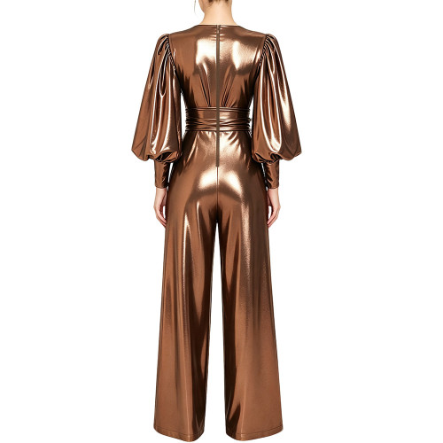 Women Metallic Liquid Deep V Jumpsuit Puff Long Sleeve Waist Tie Wide Leg Pants Nightclub Party Romper Elegant Evening Prom 7XL