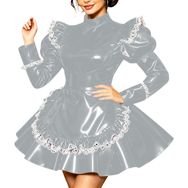 Sissy Lockable PVC French A-line Maid Dress High Neck Puff Long Sleeve Pleated Wetlook Apron Maid Uniforms Cosplay Party Costume