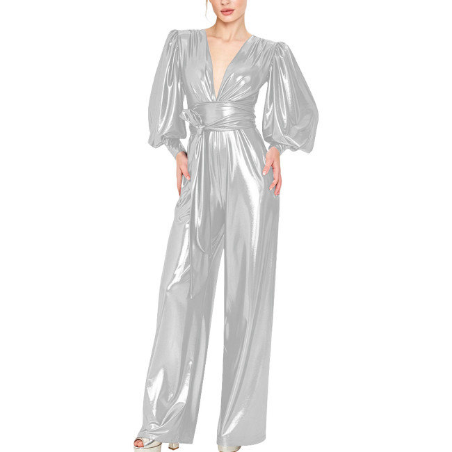 Women Metallic Liquid Deep V Jumpsuit Puff Long Sleeve Waist Tie Wide Leg Pants Nightclub Party Romper Elegant Evening Prom 7XL
