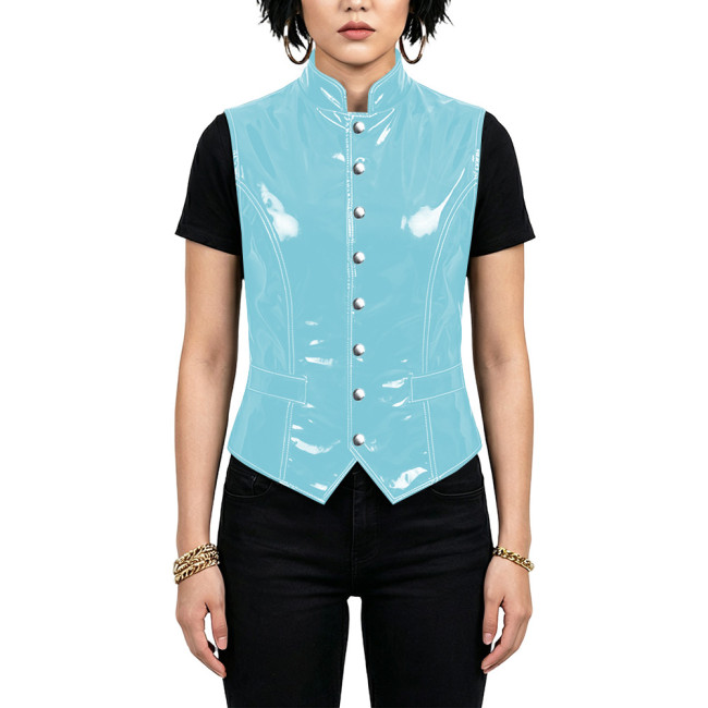 Plus Size Glossy Stand Collar Vest for Women Punk PVC Shiny Single Breasted Fit Waistcoat Fashion Sleeveless Tank Top Clubwear
