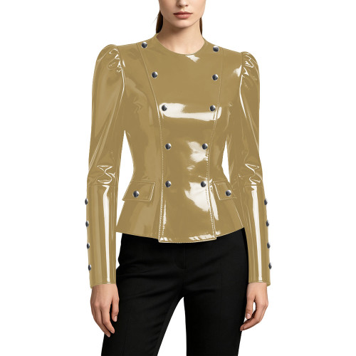 Shiny Vinyl PVC Peplum Jackets for Womens Long Sleeve Round Neck Button-up Slim Waist Wet Look Tops Night Club Fashion Outerwear