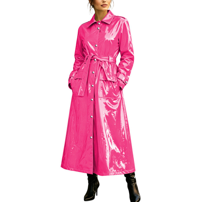 Women Fashion Solid Color PVC Shiny Long Trench Coat Lapel Collar Belted Single Breasted Wet Look Maxi Overcoat Punk Clubwear