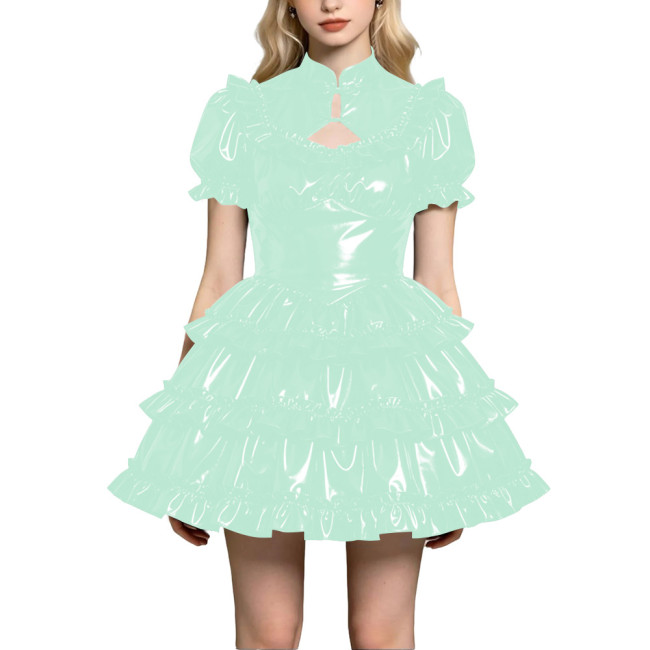 Shiny Gothic Lolita Cake Dress Chic Qipao Collar Puff Short Sleeve Ruffle Tiered Mini Dress Wetlook Sissy Halloween Fancy Dress