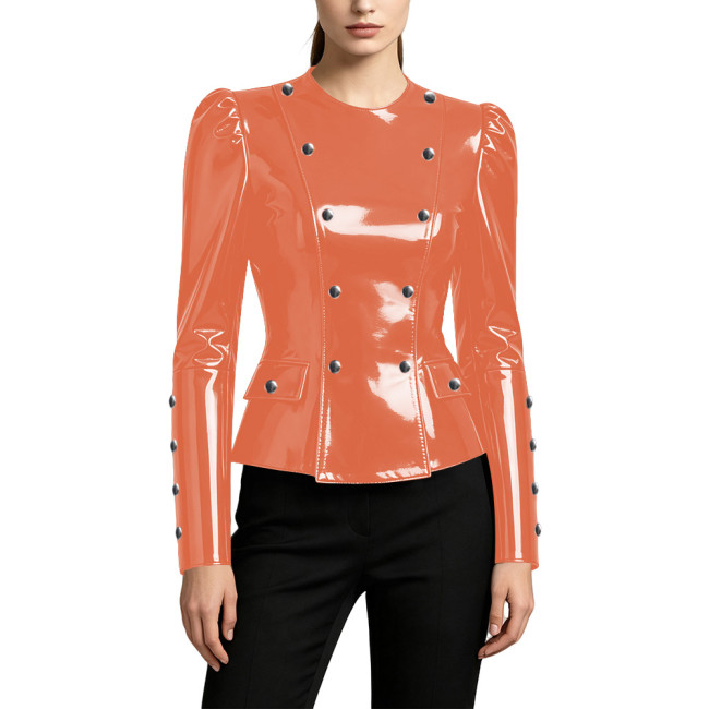 Shiny Vinyl PVC Peplum Jackets for Womens Long Sleeve Round Neck Button-up Slim Waist Wet Look Tops Night Club Fashion Outerwear