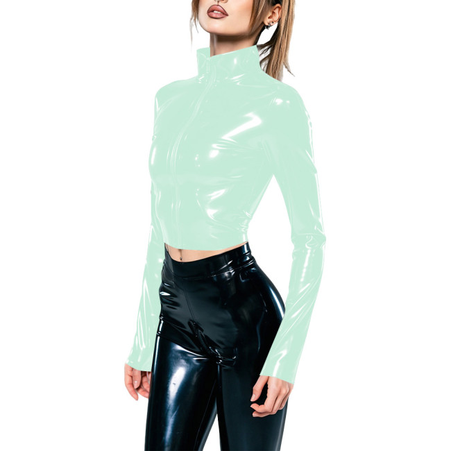 Ladies Shiny PVC Glossy Front Zipper Crop Jacket Womens Fashion Casual Turtleneck Tops Long Sleeve Slim Fit Bodycon Club Coats