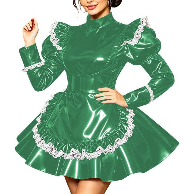 Sissy Lockable PVC French A-line Maid Dress High Neck Puff Long Sleeve Pleated Wetlook Apron Maid Uniforms Cosplay Party Costume