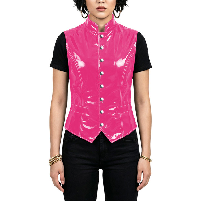 Plus Size Glossy Stand Collar Vest for Women Punk PVC Shiny Single Breasted Fit Waistcoat Fashion Sleeveless Tank Top Clubwear