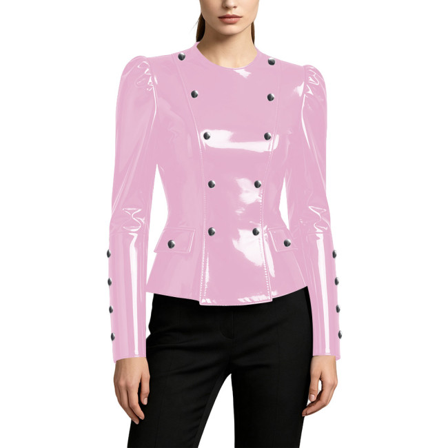 Shiny Vinyl PVC Peplum Jackets for Womens Long Sleeve Round Neck Button-up Slim Waist Wet Look Tops Night Club Fashion Outerwear
