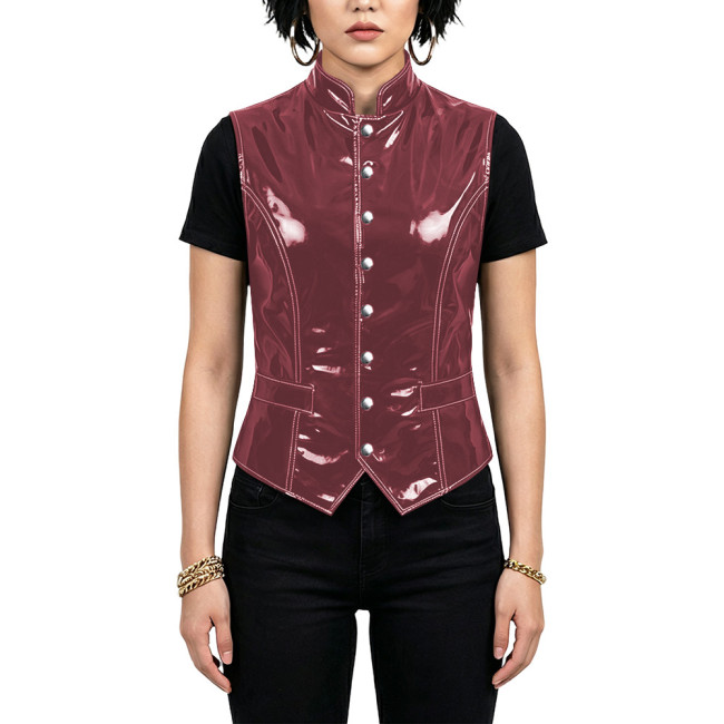 Plus Size Glossy Stand Collar Vest for Women Punk PVC Shiny Single Breasted Fit Waistcoat Fashion Sleeveless Tank Top Clubwear