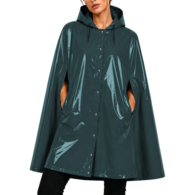 Glossy Vinyl Leather Solid Color Hooded Poncho Cape Shiny PVC Raincoat with Button Front Sissy Club Party Loose Waterproof Cloak