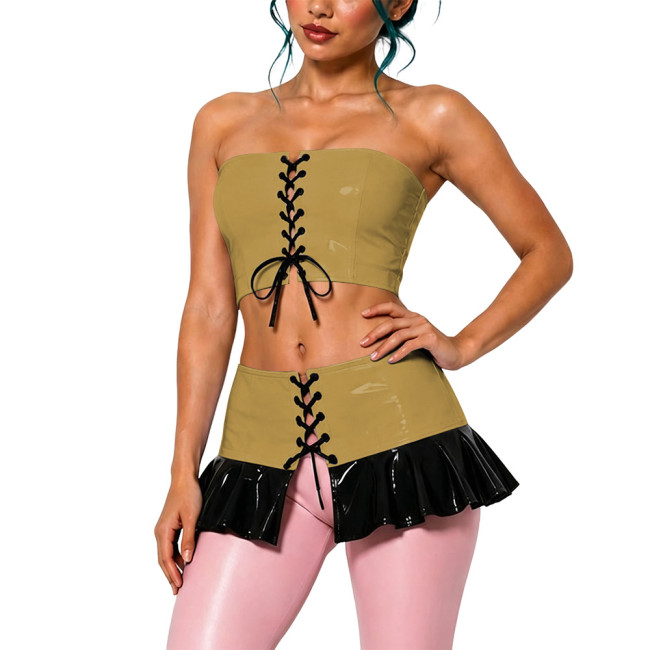 Sexy Punk Glossy PVC 2 Piece Outfit Strapless Lace Up Crop Top Ruffle Hem Mini Skirt Set Wet Look Faux Leather Party Dress Suit