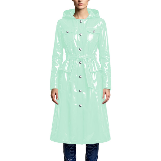 Women's Elegant Hooded Midi Jackets Shiny PVC Leather Belted Long Trench Coat Wet Look Button Down Pockets Coats Party Outfits