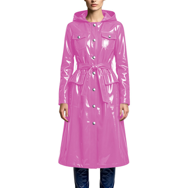 Women's Elegant Hooded Midi Jackets Shiny PVC Leather Belted Long Trench Coat Wet Look Button Down Pockets Coats Party Outfits