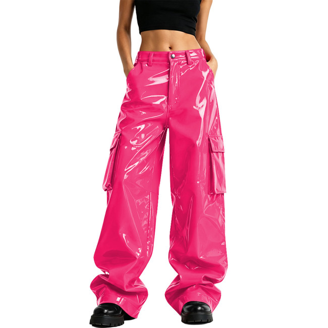 Glossy High Street PVC Cargo Pants High Waist Wide Leg Multi Pockets Loose Trousers for Womens Hip Hop Rave Festival Club Pants