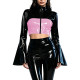 Glossy PVC Color Block Crop Tops Stand Collar Front Zip Flare Long Sleeve Wet Look Short Jackets Party Gothic Cosplay Clubwear