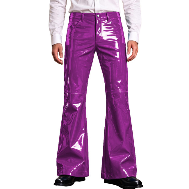 Men Bright Solid Color PVC Vinyl Leather Flared Pants High Waist Wet Look Bell Bottom Trousers Rave Party Nightclub Stage Outfit