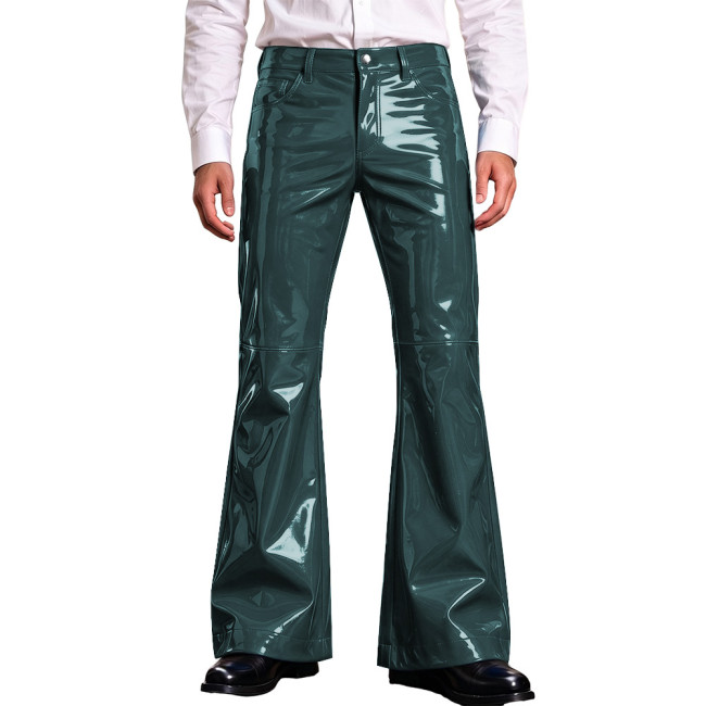 Men Bright Solid Color PVC Vinyl Leather Flared Pants High Waist Wet Look Bell Bottom Trousers Rave Party Nightclub Stage Outfit