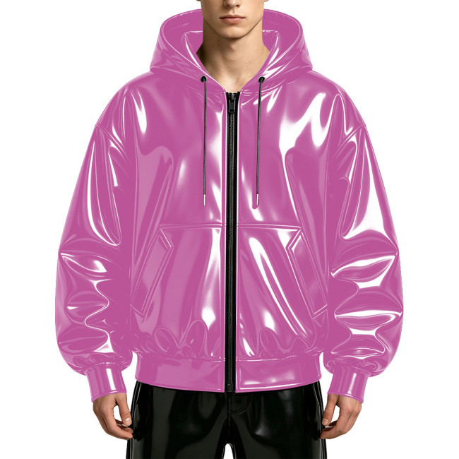 Mens Glossy Wet Look Faux Leather Hooded Jacket Full Zipper Drawstring Punk Club Oversized Jackets Rave Party Fashion Outerwear