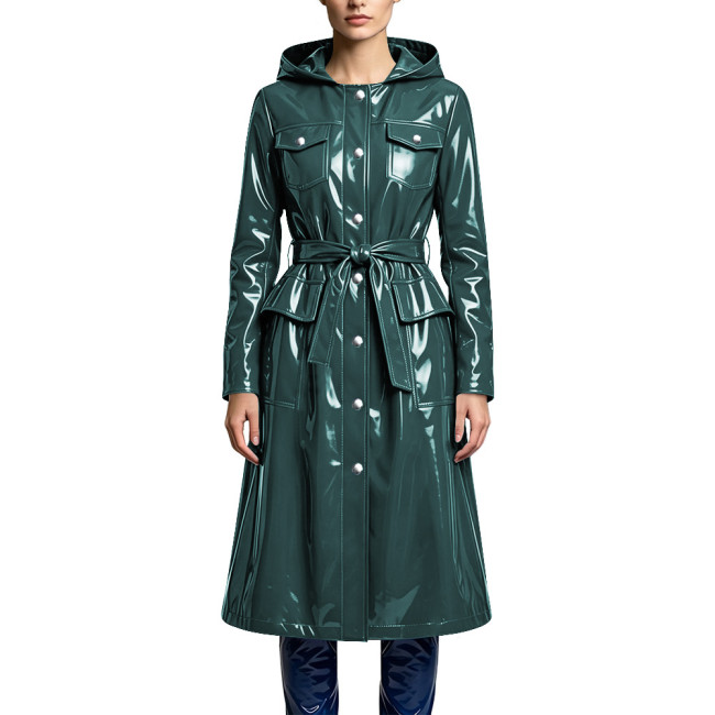 Women's Elegant Hooded Midi Jackets Shiny PVC Leather Belted Long Trench Coat Wet Look Button Down Pockets Coats Party Outfits