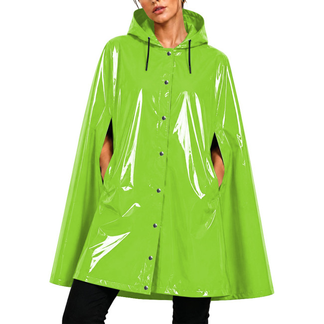 Glossy Vinyl Leather Solid Color Hooded Poncho Cape Shiny PVC Raincoat with Button Front Sissy Club Party Loose Waterproof Cloak