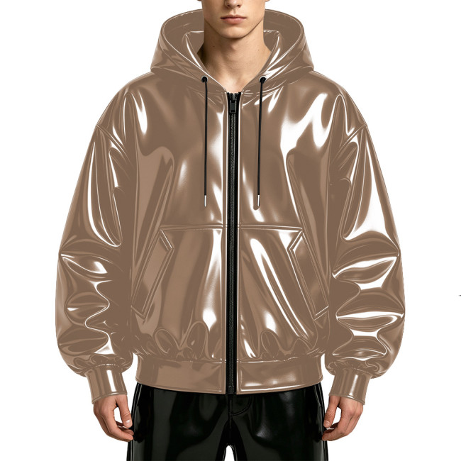 Mens Glossy Wet Look Faux Leather Hooded Jacket Full Zipper Drawstring Punk Club Oversized Jackets Rave Party Fashion Outerwear