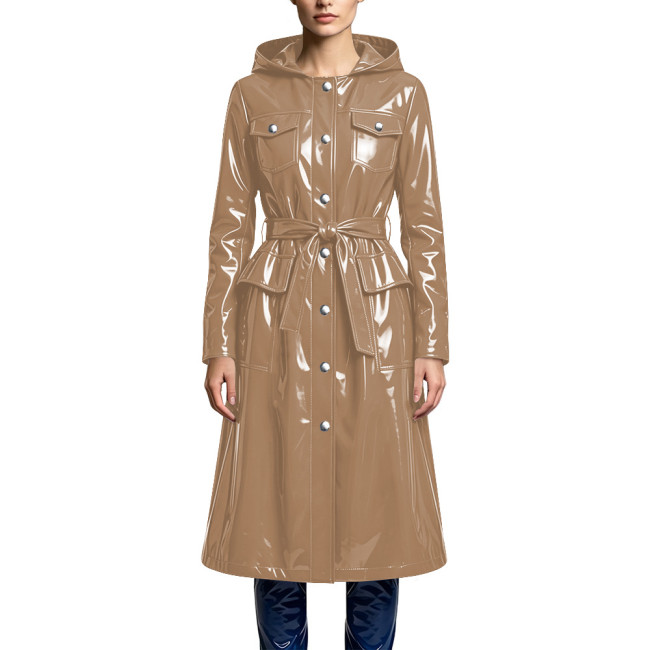 Women's Elegant Hooded Midi Jackets Shiny PVC Leather Belted Long Trench Coat Wet Look Button Down Pockets Coats Party Outfits