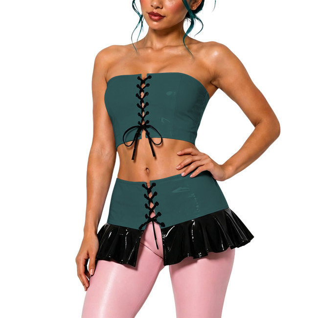 Sexy Punk Glossy PVC 2 Piece Outfit Strapless Lace Up Crop Top Ruffle Hem Mini Skirt Set Wet Look Faux Leather Party Dress Suit