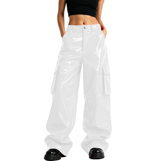 Glossy High Street PVC Cargo Pants High Waist Wide Leg Multi Pockets Loose Trousers for Womens Hip Hop Rave Festival Club Pants