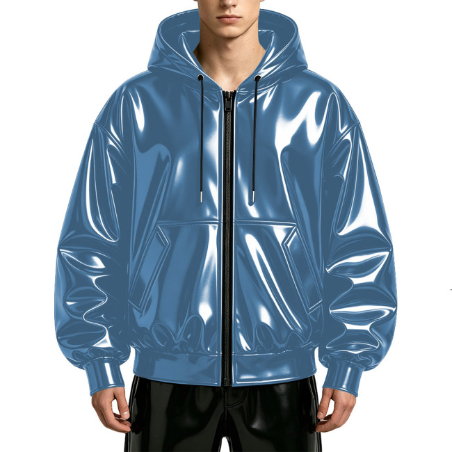 Mens Glossy Wet Look Faux Leather Hooded Jacket Full Zipper Drawstring Punk Club Oversized Jackets Rave Party Fashion Outerwear