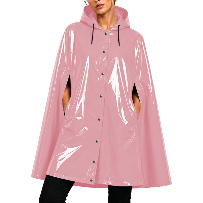 Glossy Vinyl Leather Solid Color Hooded Poncho Cape Shiny PVC Raincoat with Button Front Sissy Club Party Loose Waterproof Cloak
