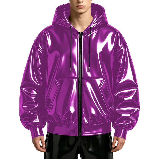 Mens Glossy Wet Look Faux Leather Hooded Jacket Full Zipper Drawstring Punk Club Oversized Jackets Rave Party Fashion Outerwear