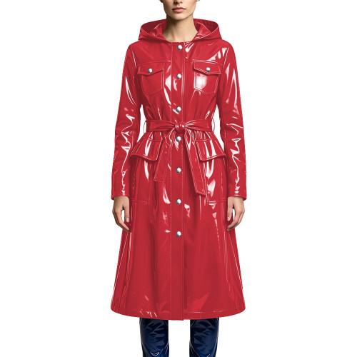 Women's Elegant Hooded Midi Jackets Shiny PVC Leather Belted Long Trench Coat Wet Look Button Down Pockets Coats Party Outfits