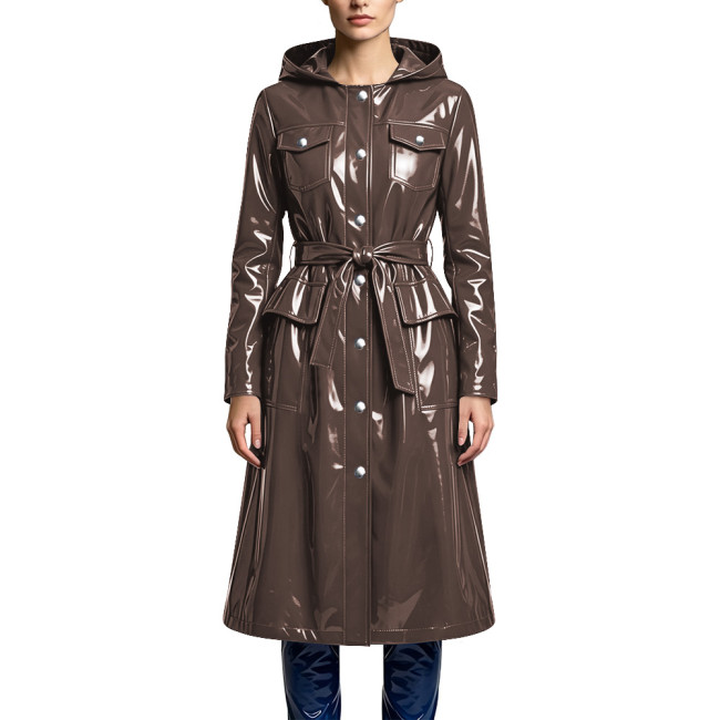 Women's Elegant Hooded Midi Jackets Shiny PVC Leather Belted Long Trench Coat Wet Look Button Down Pockets Coats Party Outfits