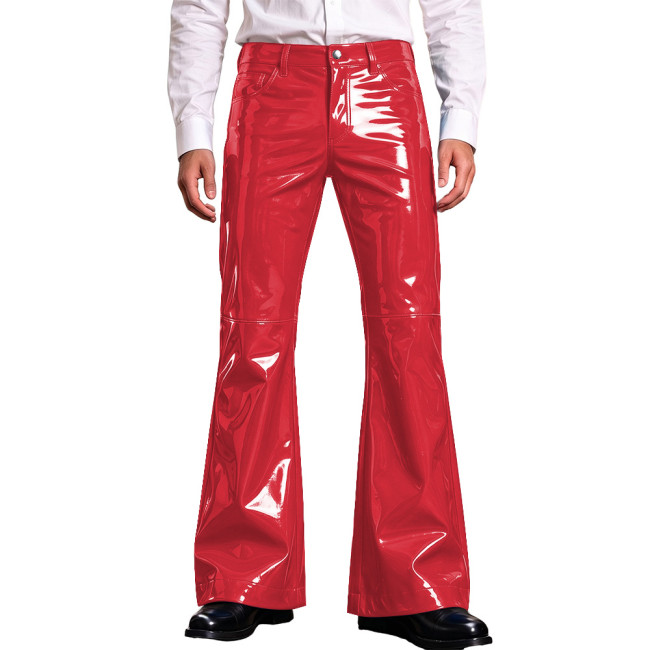 Men Bright Solid Color PVC Vinyl Leather Flared Pants High Waist Wet Look Bell Bottom Trousers Rave Party Nightclub Stage Outfit