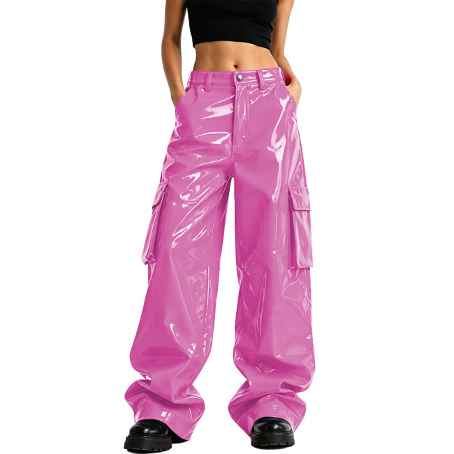 Glossy High Street PVC Cargo Pants High Waist Wide Leg Multi Pockets Loose Trousers for Womens Hip Hop Rave Festival Club Pants