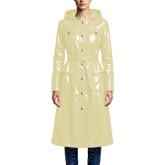 Women's Elegant Hooded Midi Jackets Shiny PVC Leather Belted Long Trench Coat Wet Look Button Down Pockets Coats Party Outfits