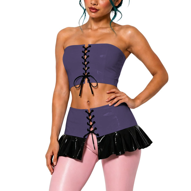 Sexy Punk Glossy PVC 2 Piece Outfit Strapless Lace Up Crop Top Ruffle Hem Mini Skirt Set Wet Look Faux Leather Party Dress Suit