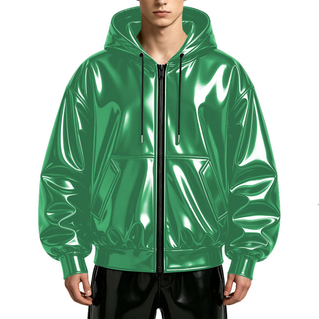 Mens Glossy Wet Look Faux Leather Hooded Jacket Full Zipper Drawstring Punk Club Oversized Jackets Rave Party Fashion Outerwear